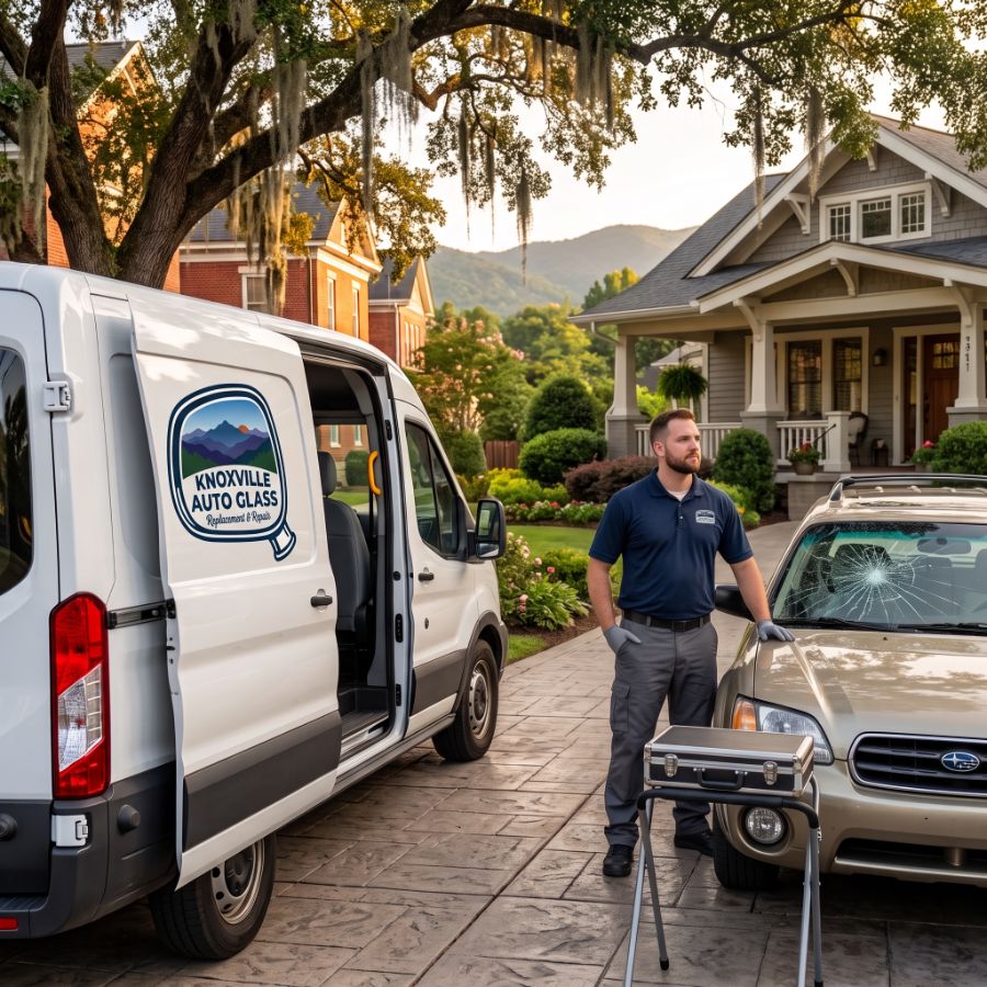 Knoxville Auto Glass mobile service van and technician replacing a cracked windshield in a Knoxville driveway
